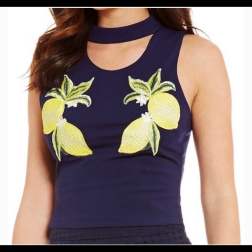 Gianni Bini navy blue with yellow lemons crop top